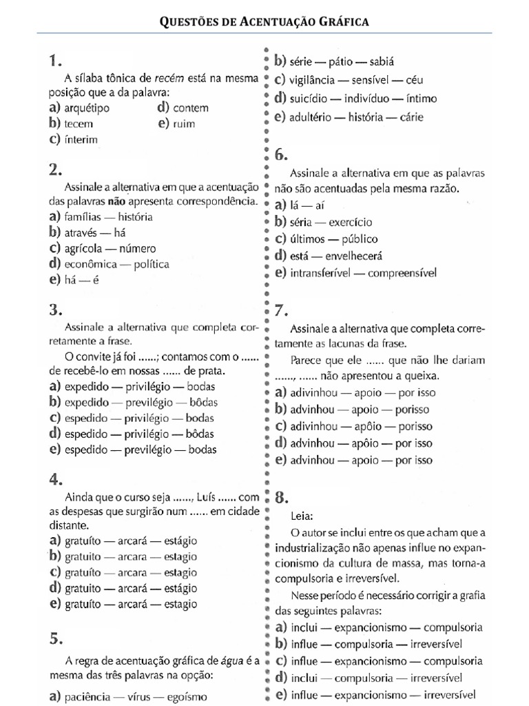 Questões de Acentuação Gráfica | PDF | Estresse (Linguística) | Sílaba