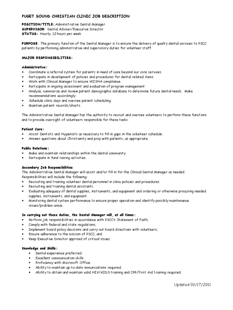 Dental Manager Job Description PDF Volunteering Health Care