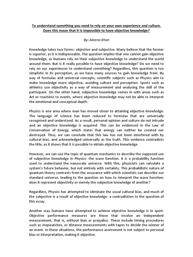 Objective Knowledge - ToK Essay | PDF | Objectivity (Philosophy) | Bias