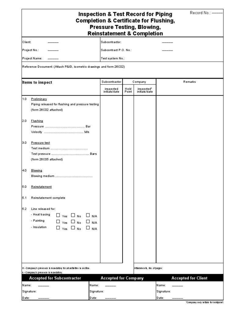 Inspection & Test Record for Piping Completion & Certificate for