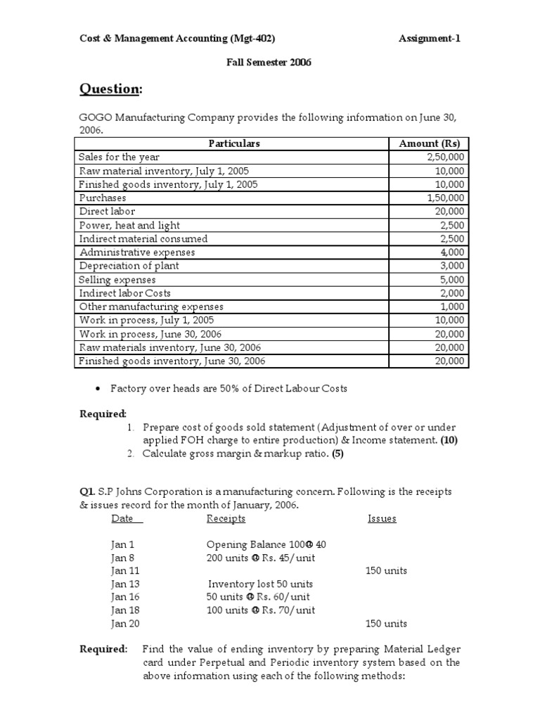 cost accounting assignment material