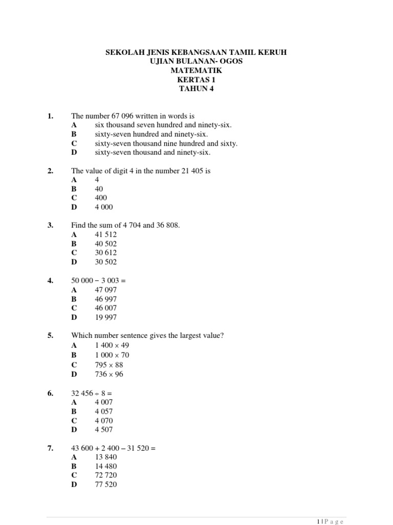 Ujian Bulanan Ogos Matematik Tahun 4 Kertas 1 Pdf Mathematical Notation Elementary Mathematics