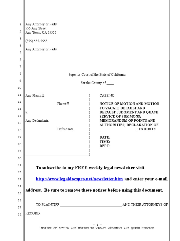 Sample Motion To Vacate Judgment and Quash Service For California PDF