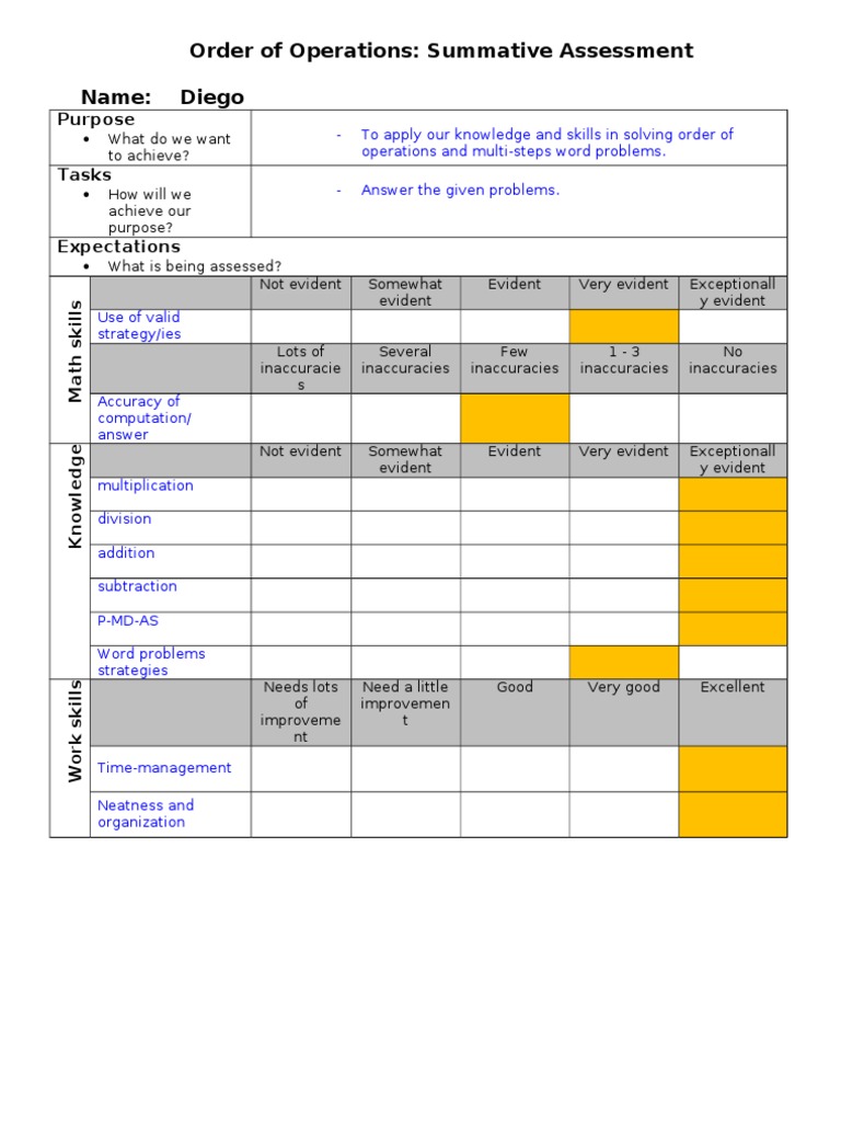Order of Operations Assessment Guide | PDF | Career & Growth | Finance ...