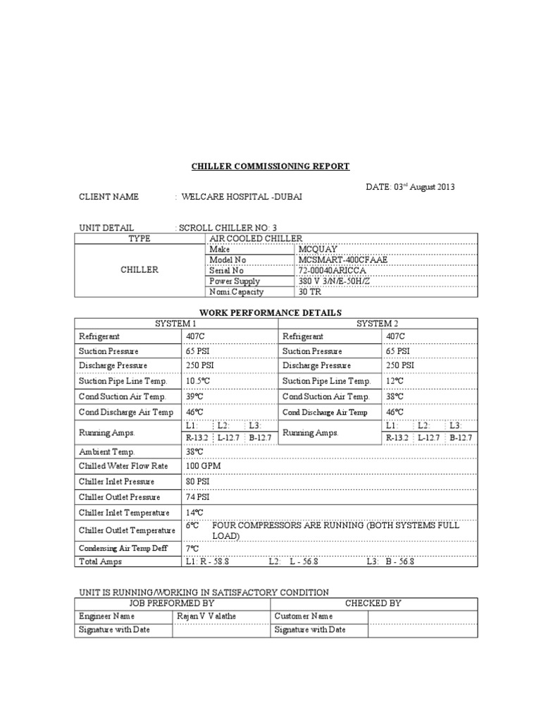 Chiller Performance Report for Welcare Hospital | PDF | Science ...