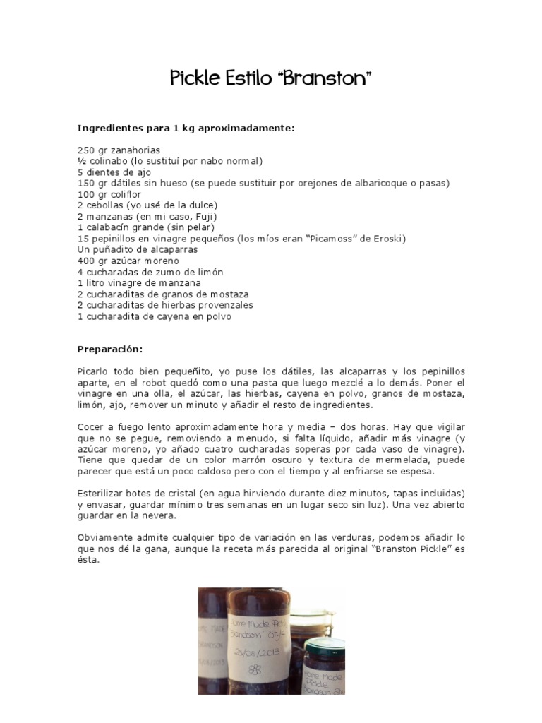 Pickle Estilo "Branston" Receta en Español PDF