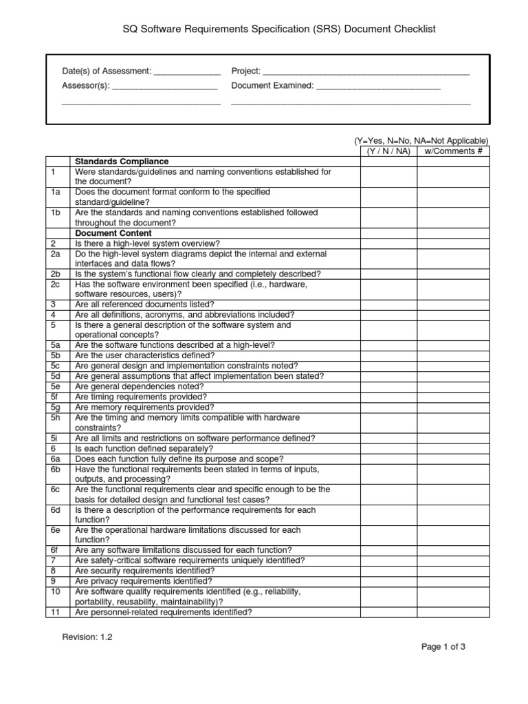 (SRS) Document Checklist | PDF