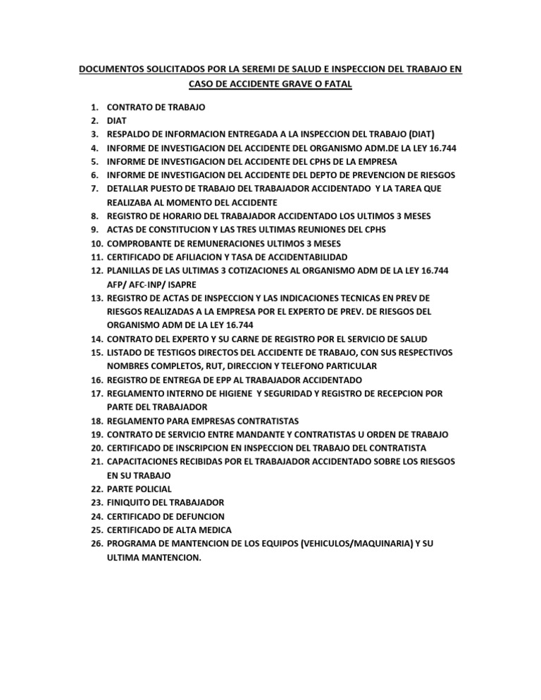 Documentos Solicitados Por La Seremi de Salud e Inspeccion Del Trabajo ...