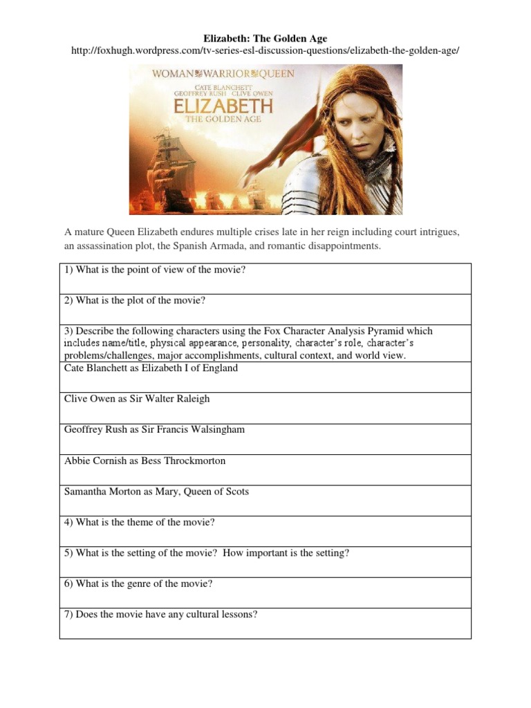 Elizabeth The Golden Age Worksheet | PDF | Tudor England | Elizabethan Era