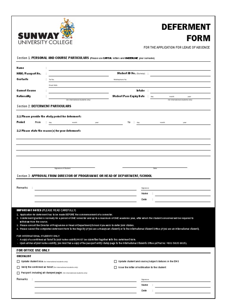 Deferment Form: For The Application For Leave of Absence | PDF | Career ...