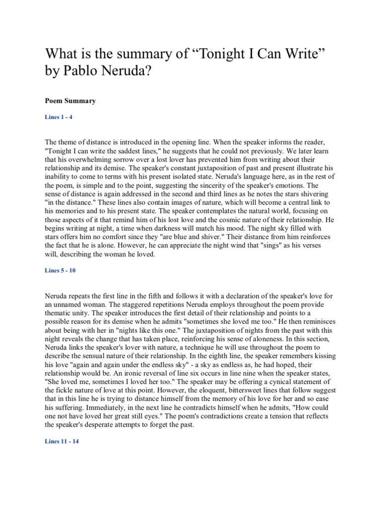Tonight I Can Write Summary Pdf