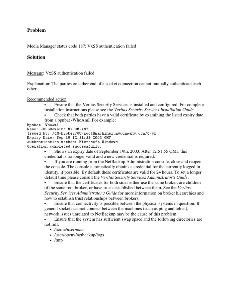 VxSS Authentication Failure Solutions | PDF