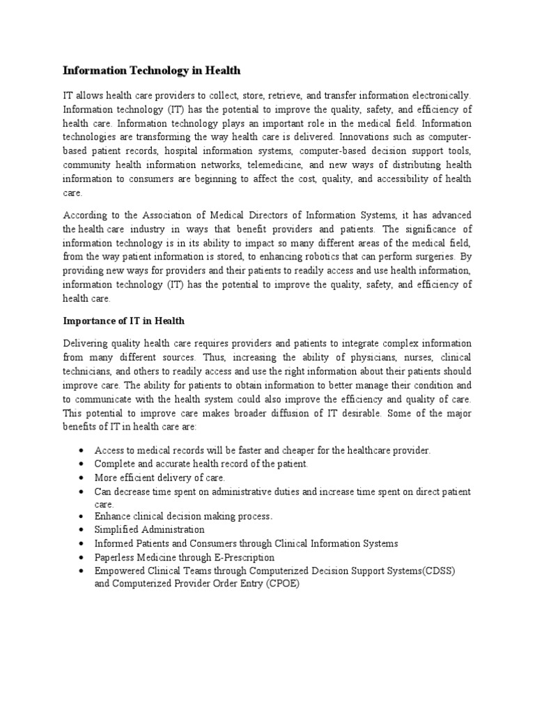 Role of IT in Healthcare Improvement | PDF | Health Care | Health ...
