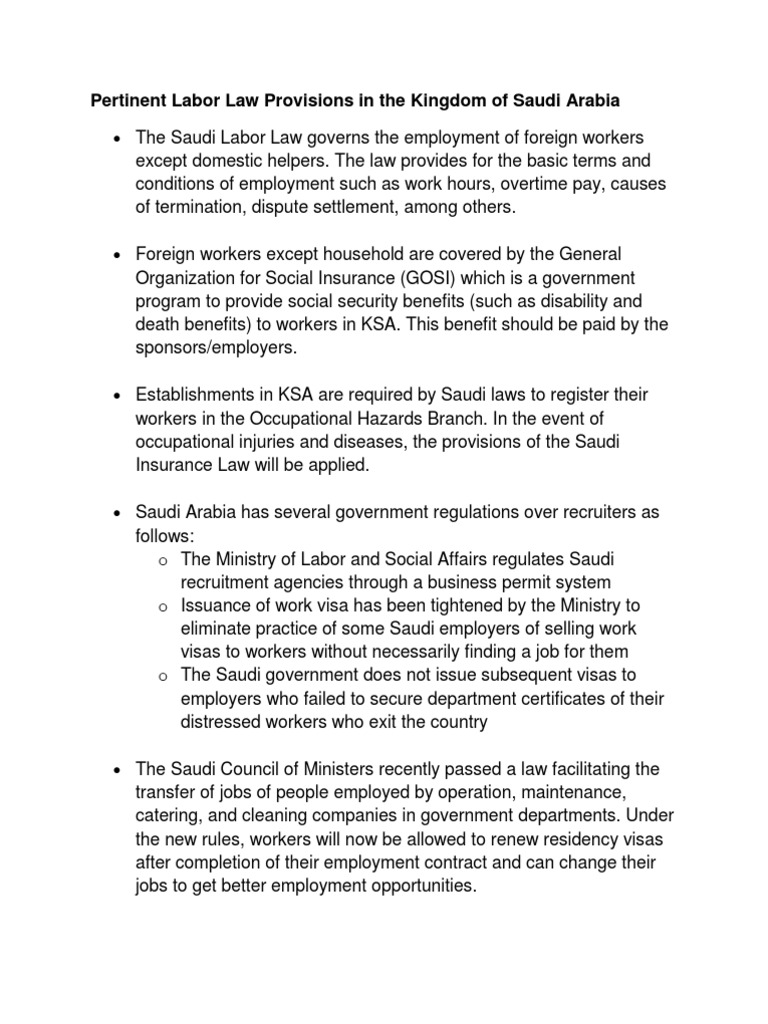 Saudi Labor Law Overview for Foreign Workers | PDF | Foreign Worker ...