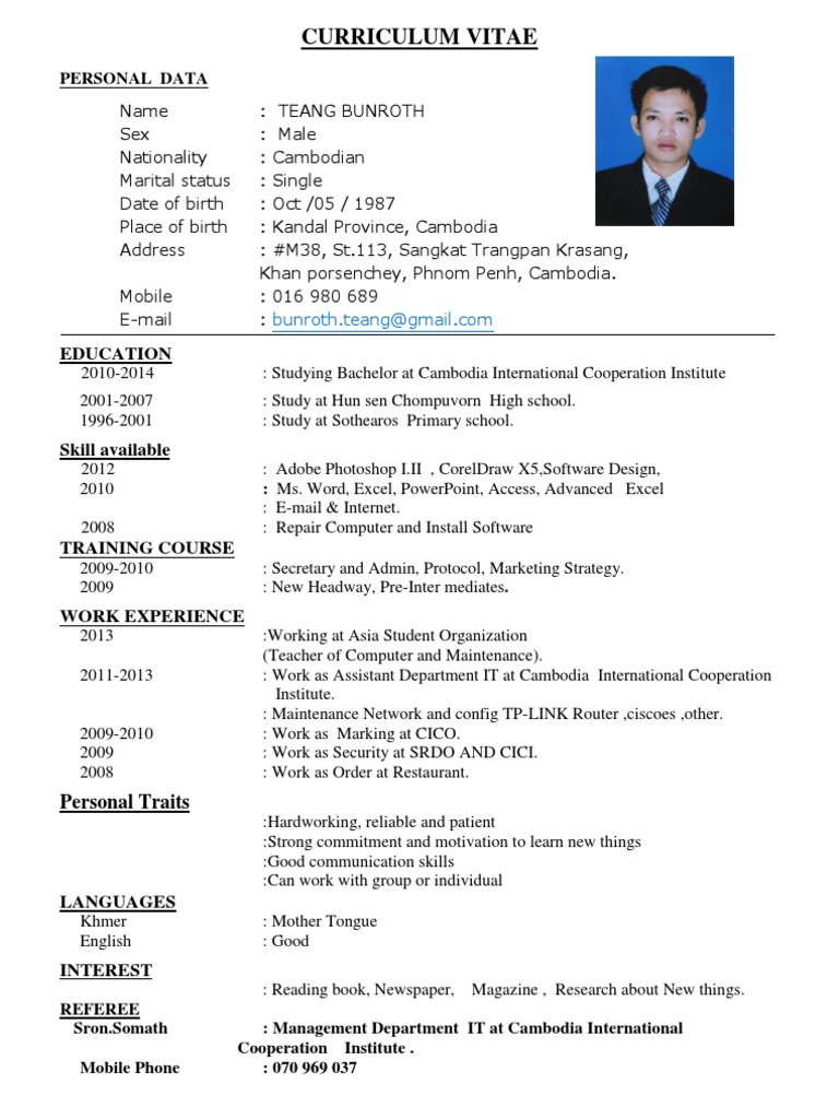 Curriculum Vitae Education PDF Cambodia Email 