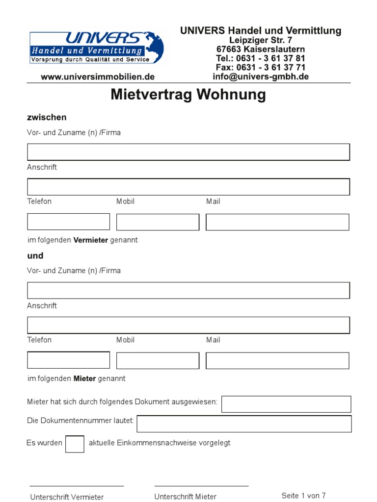 Mietvertrag Wohnung