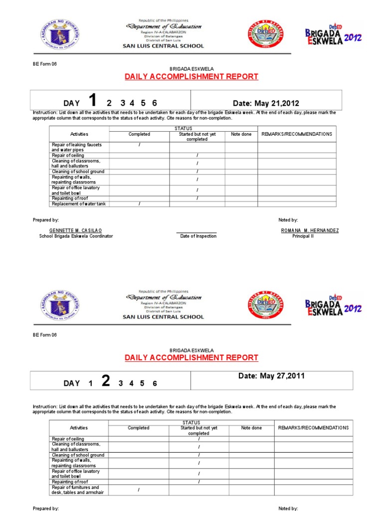 Brigada Eskwela Daily Report Form 6 | PDF | Classroom | Building Technology