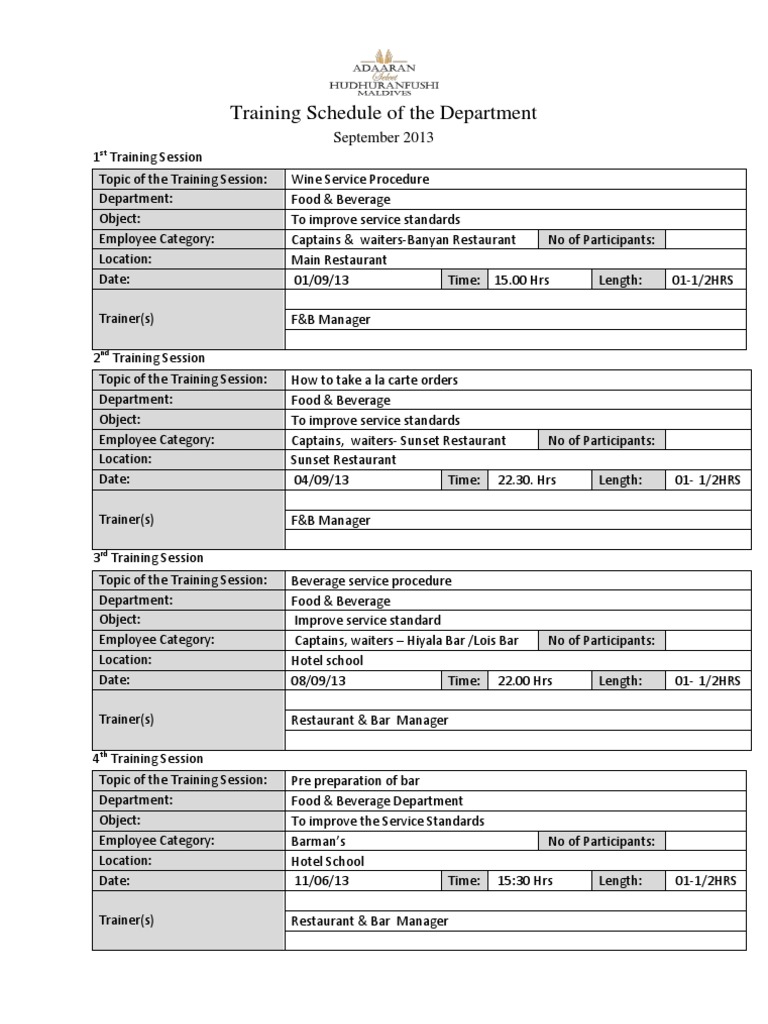 Food & Beverage Training Schedule 2013 | PDF | Career & Growth