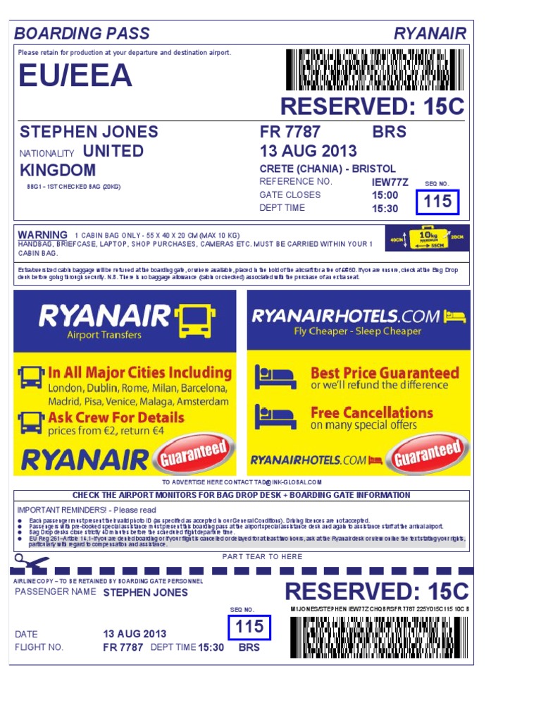 Ryanair Boarding Pass Pdf Aviation Airlines