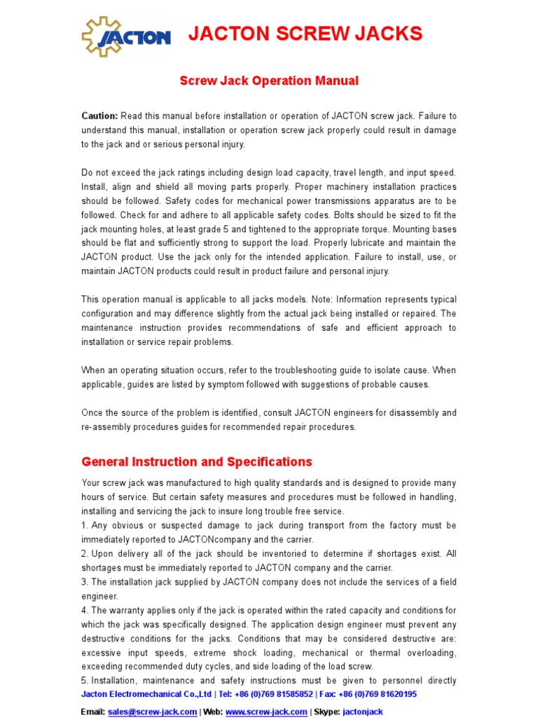 Jacton Screw Jacks Screw Jack Operation Manual PDF Screw Gear