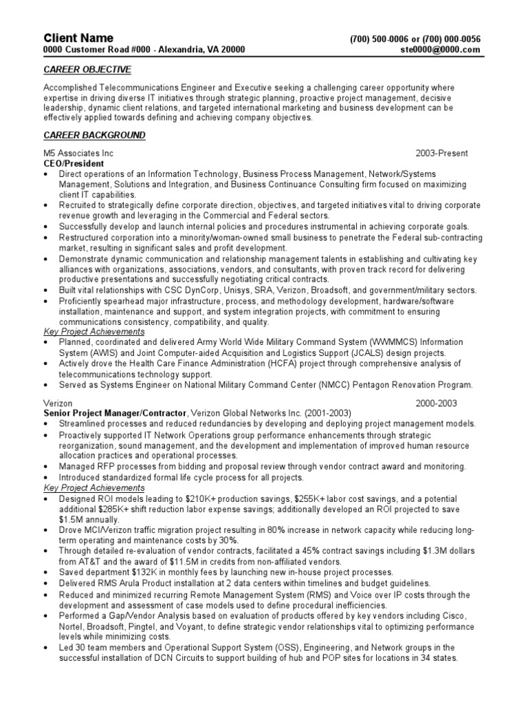 Resume example 4 pdf verizon communications project management