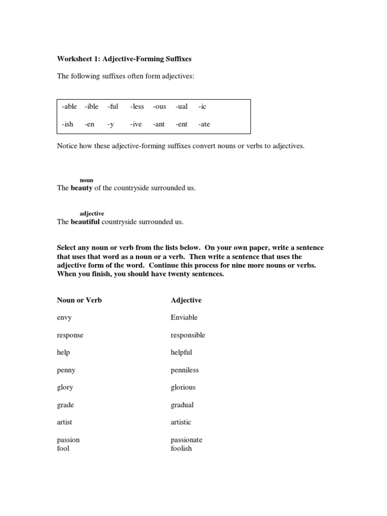 Adjectives Forming Suffixes Worksheet