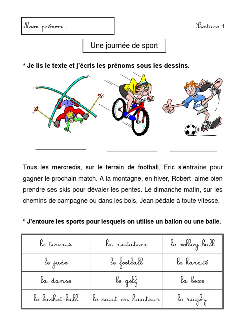 Poème Sur Le Sport Et La Santé Cycle 2 Une-journée-de-sport-Cp-Ce1-Lecture-compréhension-Français-Cycle-2