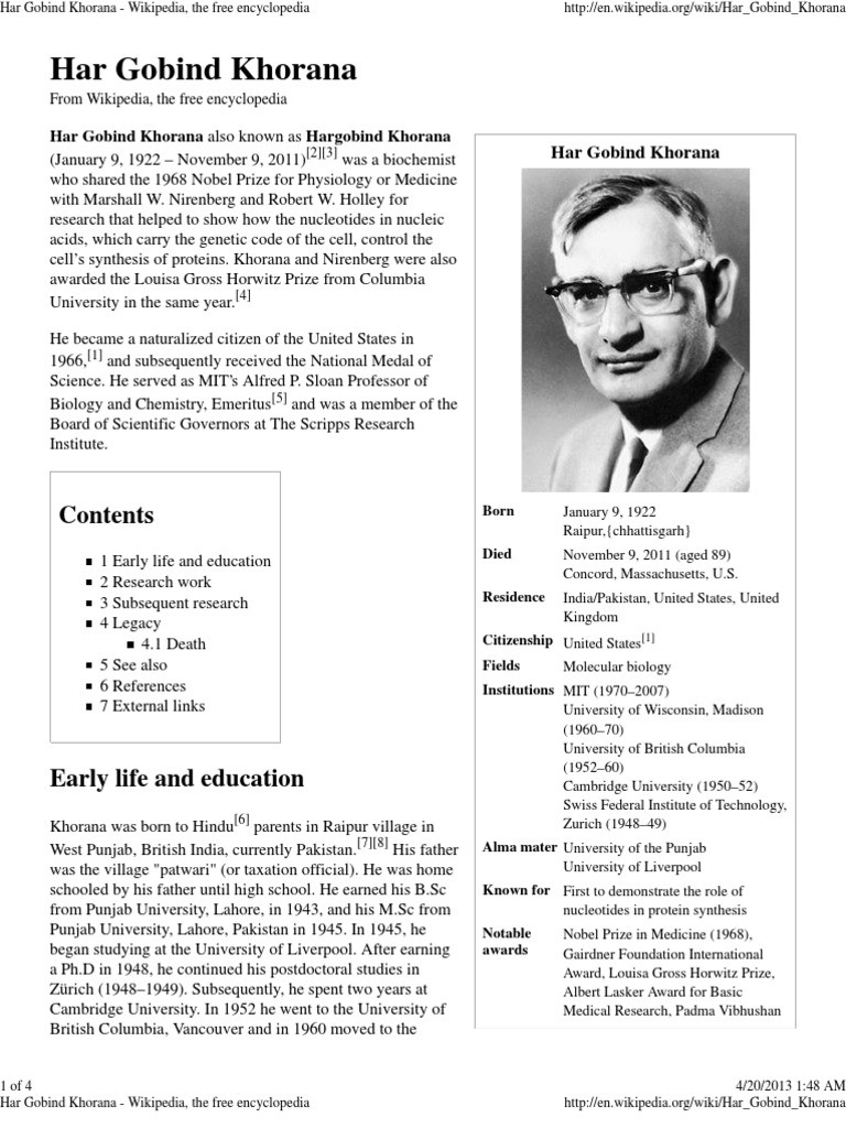 Har Gobind Khorana Wikipedia, The Free Encyclopedia PDF