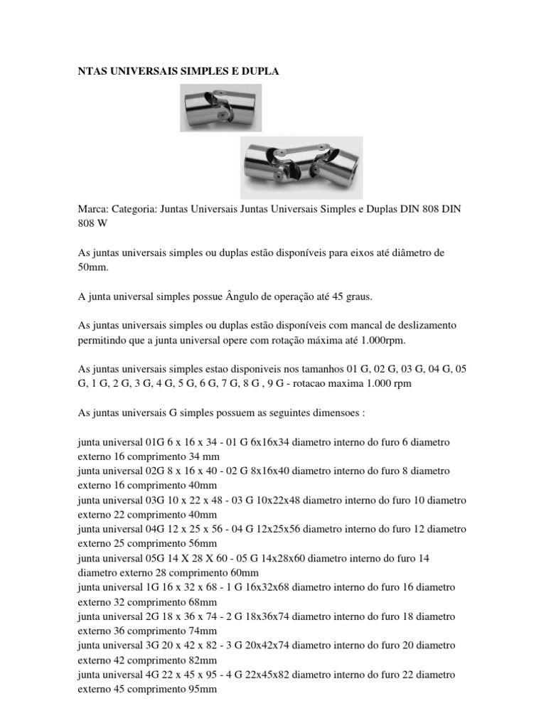 Especificações de Juntas Universais | PDF | Geometria Clássica | Bens  manufaturados