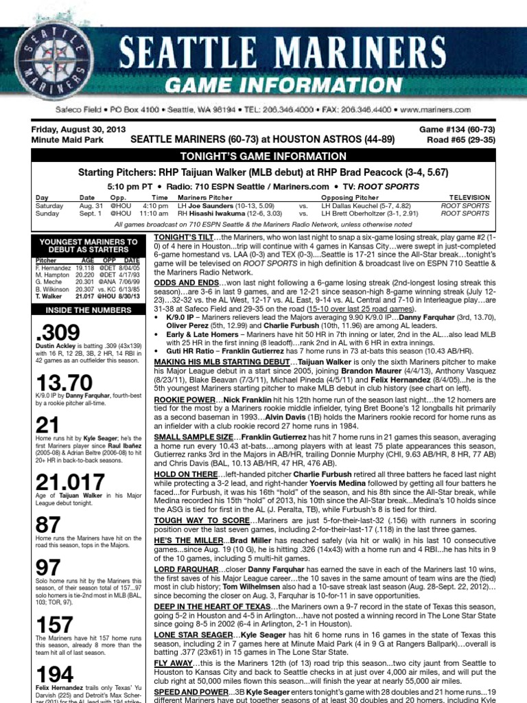 08.30.13 SEA Notes | PDF | Home Run | Baseball Pitching