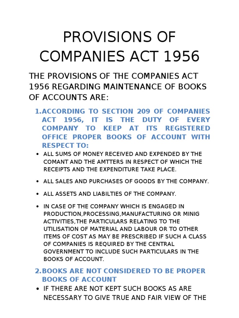 Provisions of Companies Act 1956 Final Financial Statement