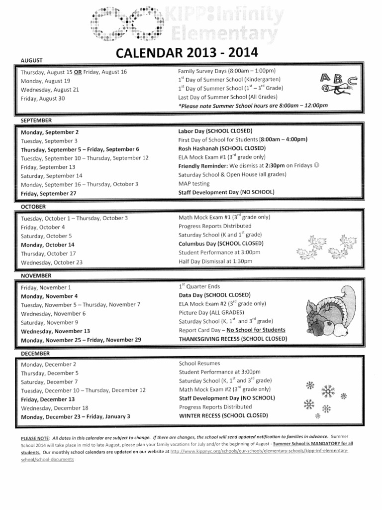 KIPP Infinity Elementary 2013 14 Calendar PDF