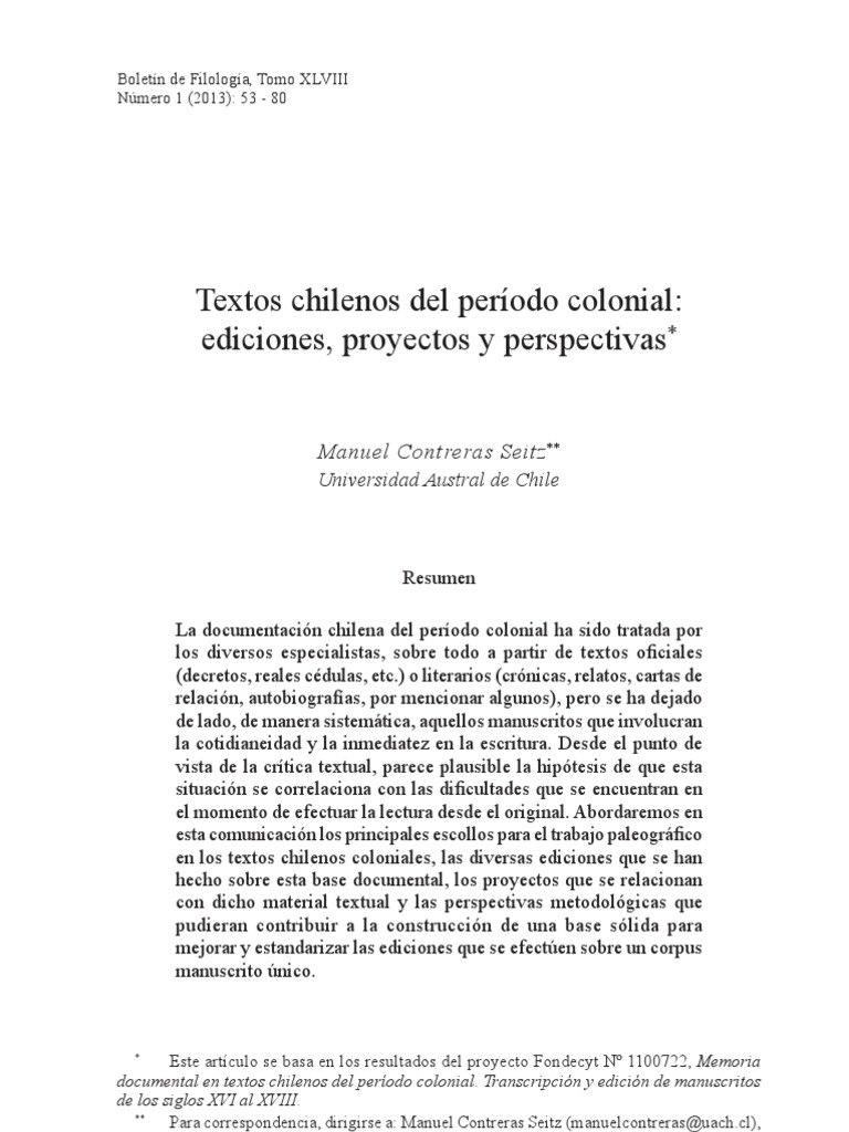 Chilean Texts from the Colonial Period Editions, Projects and