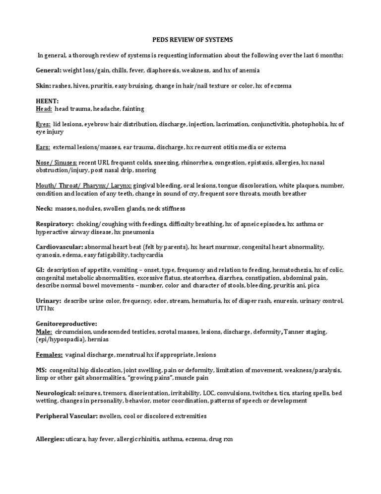 Peds Review of Systems | PDF | Foreign Language Studies | Wellness