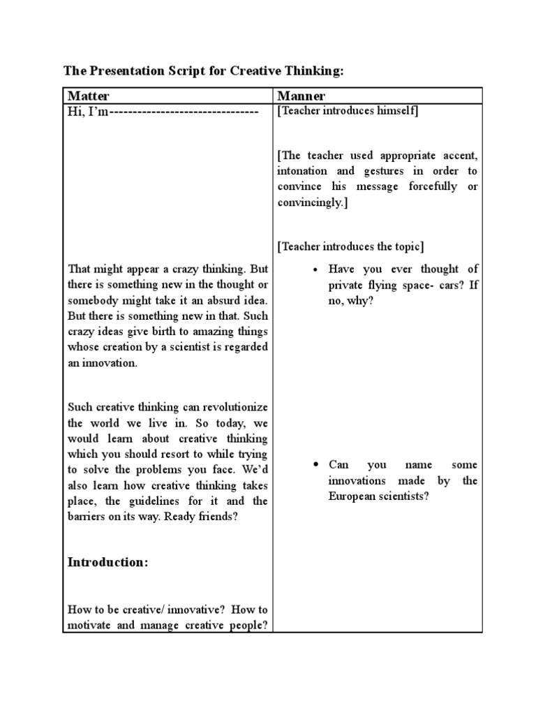 Creative Thinking Presentation Script | PDF | Creativity | Thought