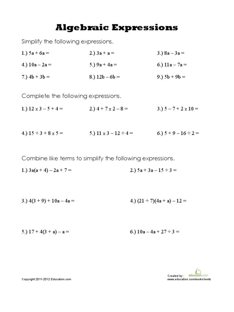 Algebraic Expressions Worksheet4 | PDF