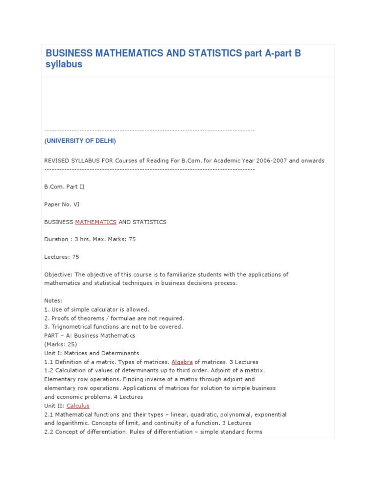 Business Mathematics & Statistics Syllabus | PDF | System Of Linear ...