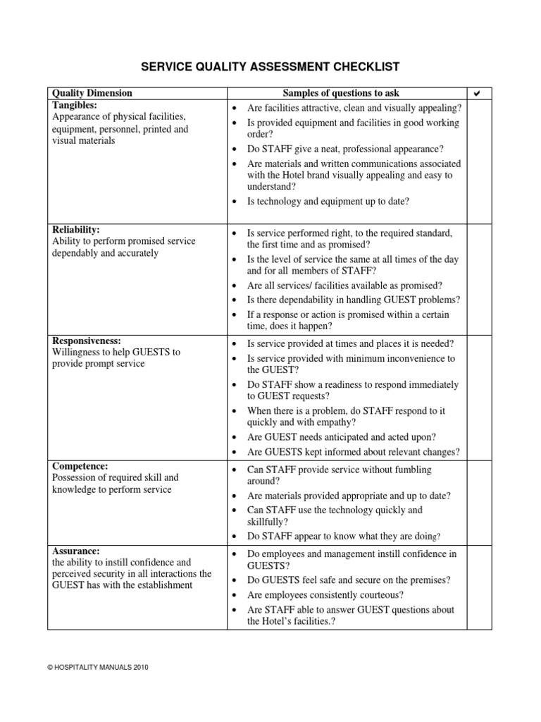 37487016 Hotel Service Quality Checklist | Psychological Concepts ...