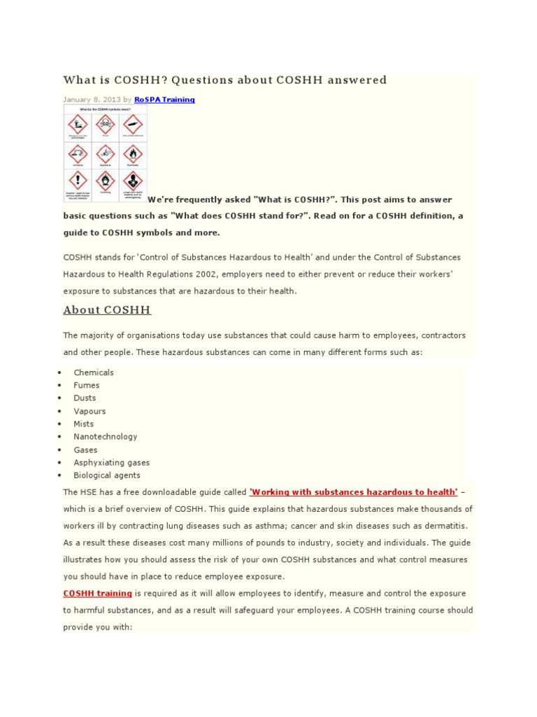 What Is COSHH? Questions About COSHH Answered: January 8, 2013 by | PDF ...