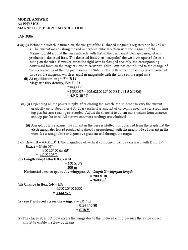 Model Answer Magnetic Field & Induction JAN 06 PHY5 | PDF | Weighing ...