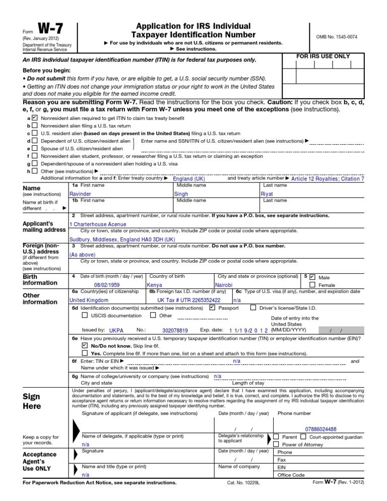 W7 Form Tax Return (United States) Social Security Number