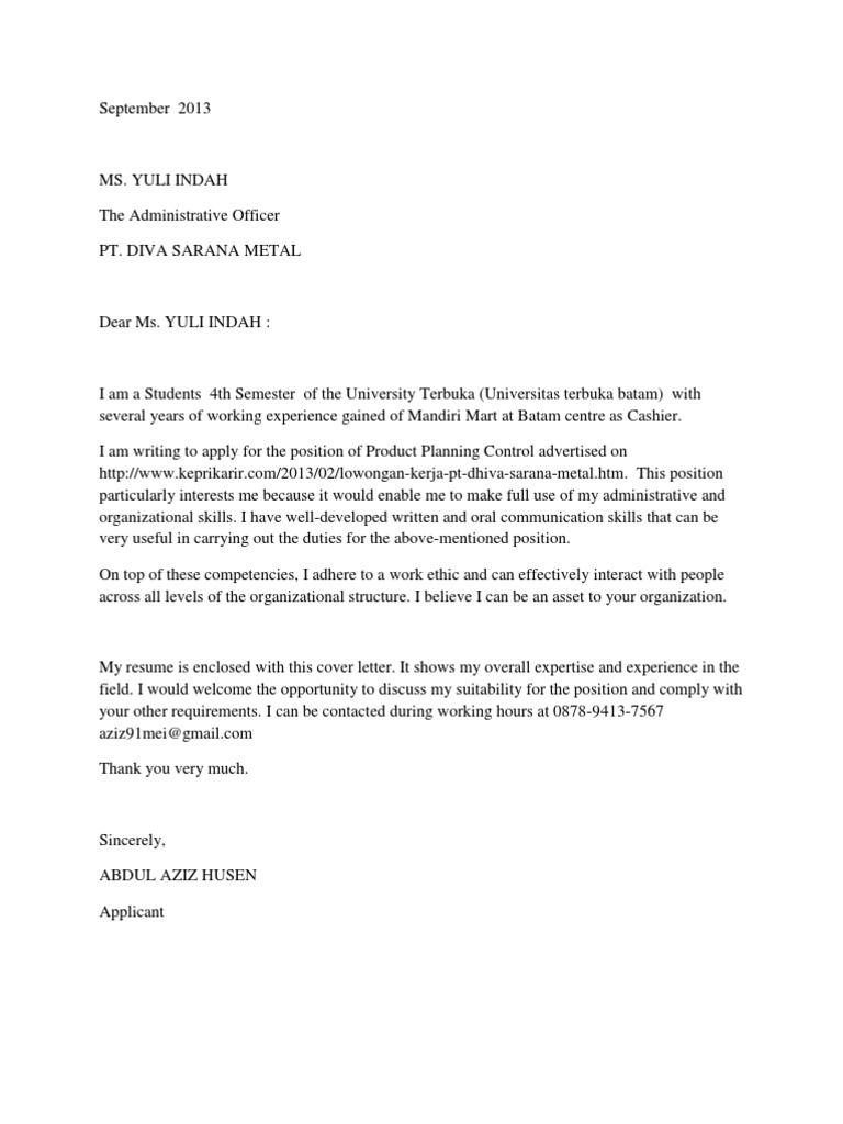 Surat Lamaran Kerja Di Pt Batam