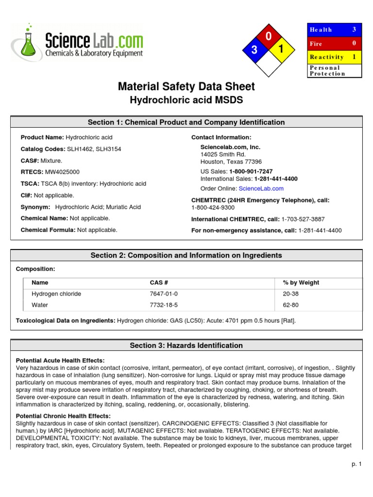 Msds hcl pdf