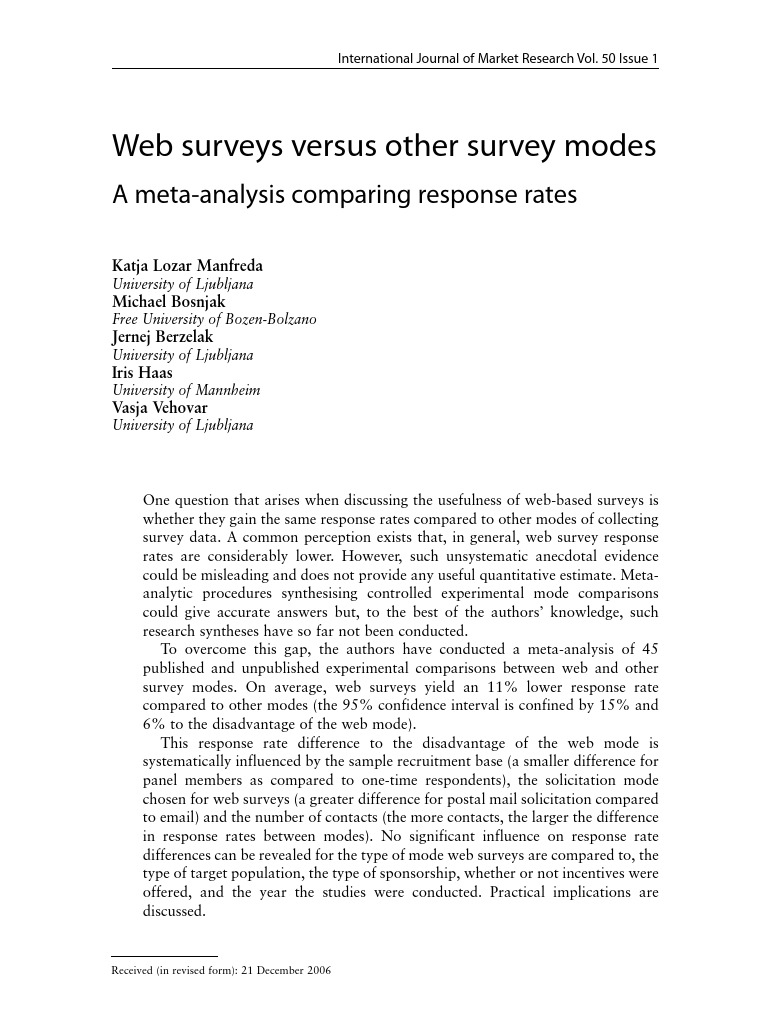 Web Surveys Versus Other Survey Modes | PDF | Meta Analysis | Survey ...