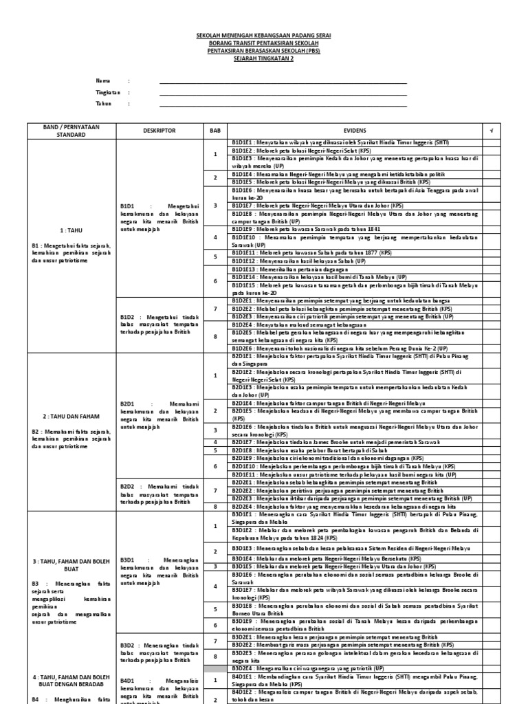 Borang Transit PBS Sejarah Tingkatan 2  PDF