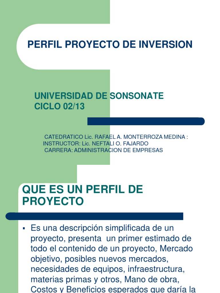 Perfil de Proyecto de Inversión | PDF | Beneficio (economía) | Costo