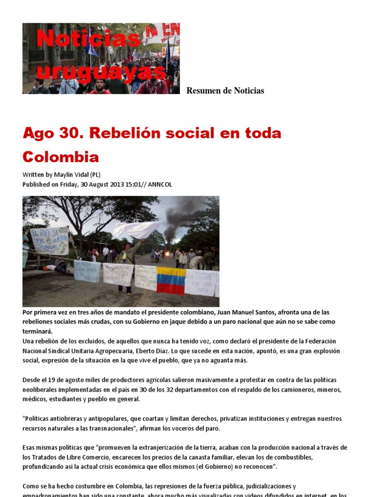 Rebelión social y paro agrario en Colombia | PDF | Bogotá | Farc