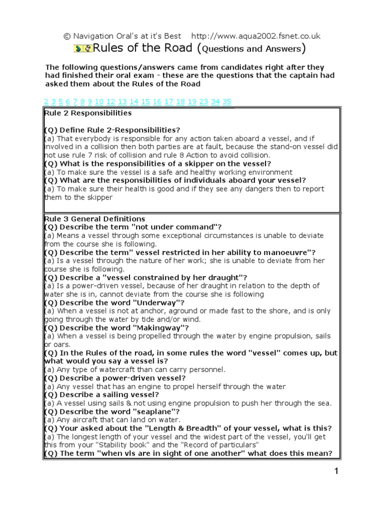 Navigation Oral Rules of the Road (Questions and Answers) Traffic