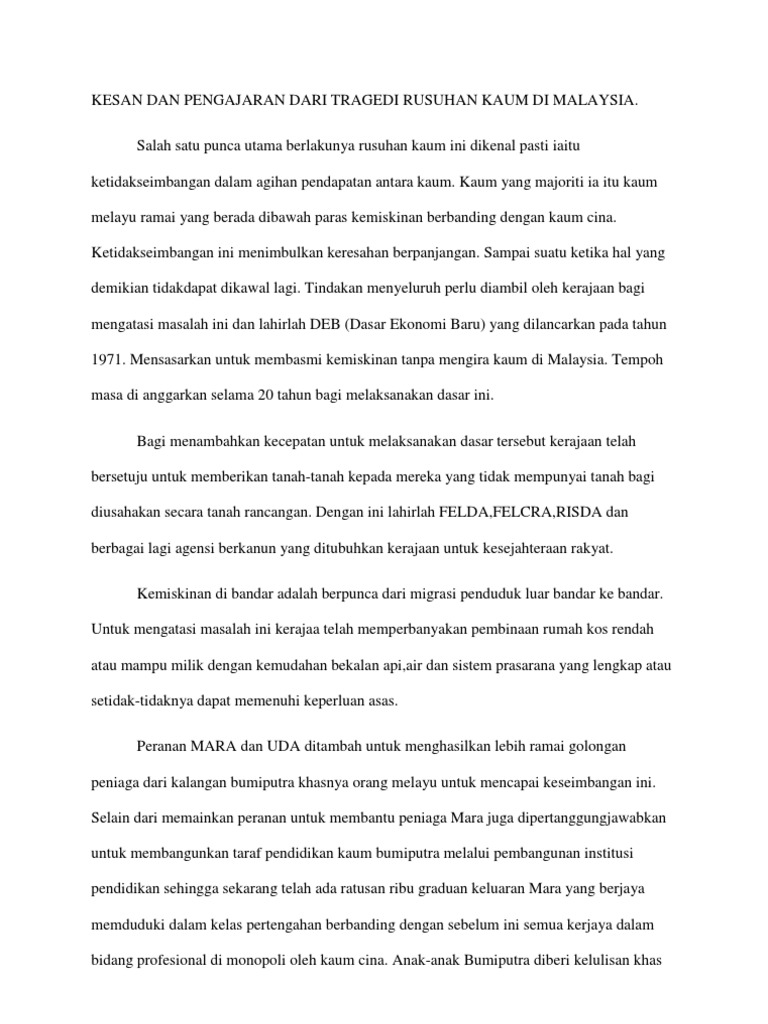Kesan Dan Pengajaran Dari Tragedi Rusuhan Kaum Di Malaysia 