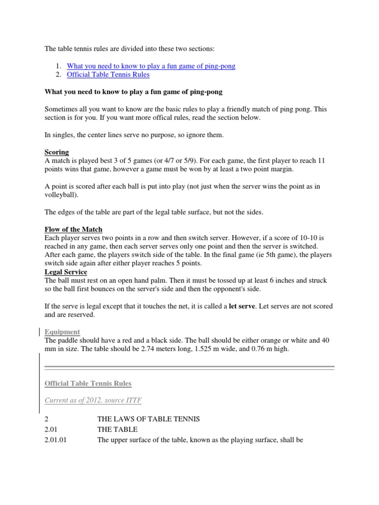 The Table Tennis Rules Are Divided Into These Two Sections Table